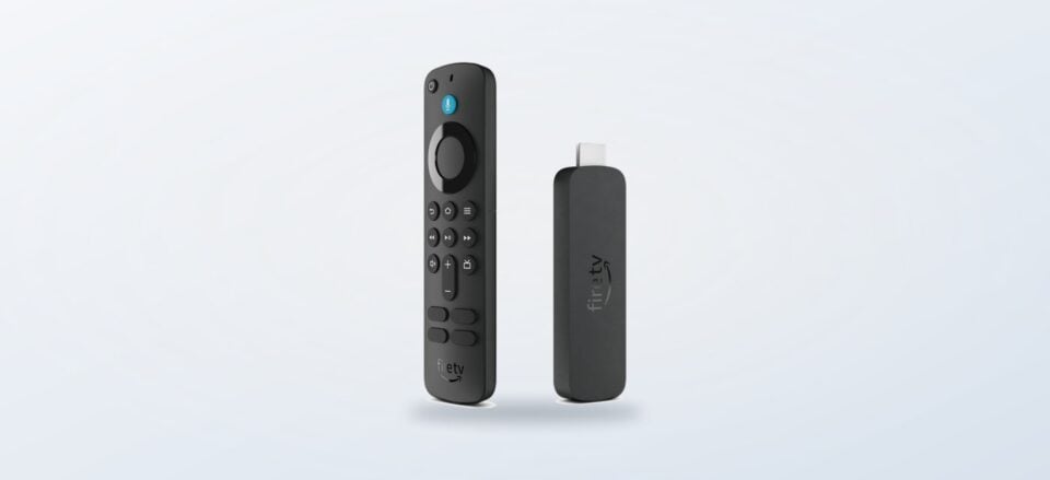 Amazon Fire TV Stick and remote on a white background