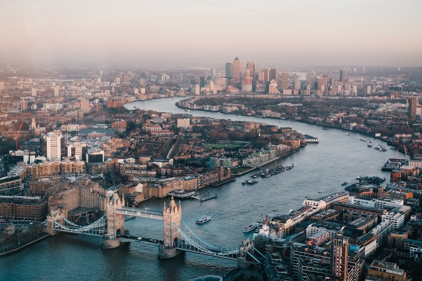 Wide view across London with the River Thames and landmarks