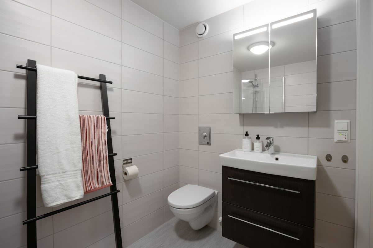 Compact bathroom with black ladder towel rack and lit mirror cabinet
