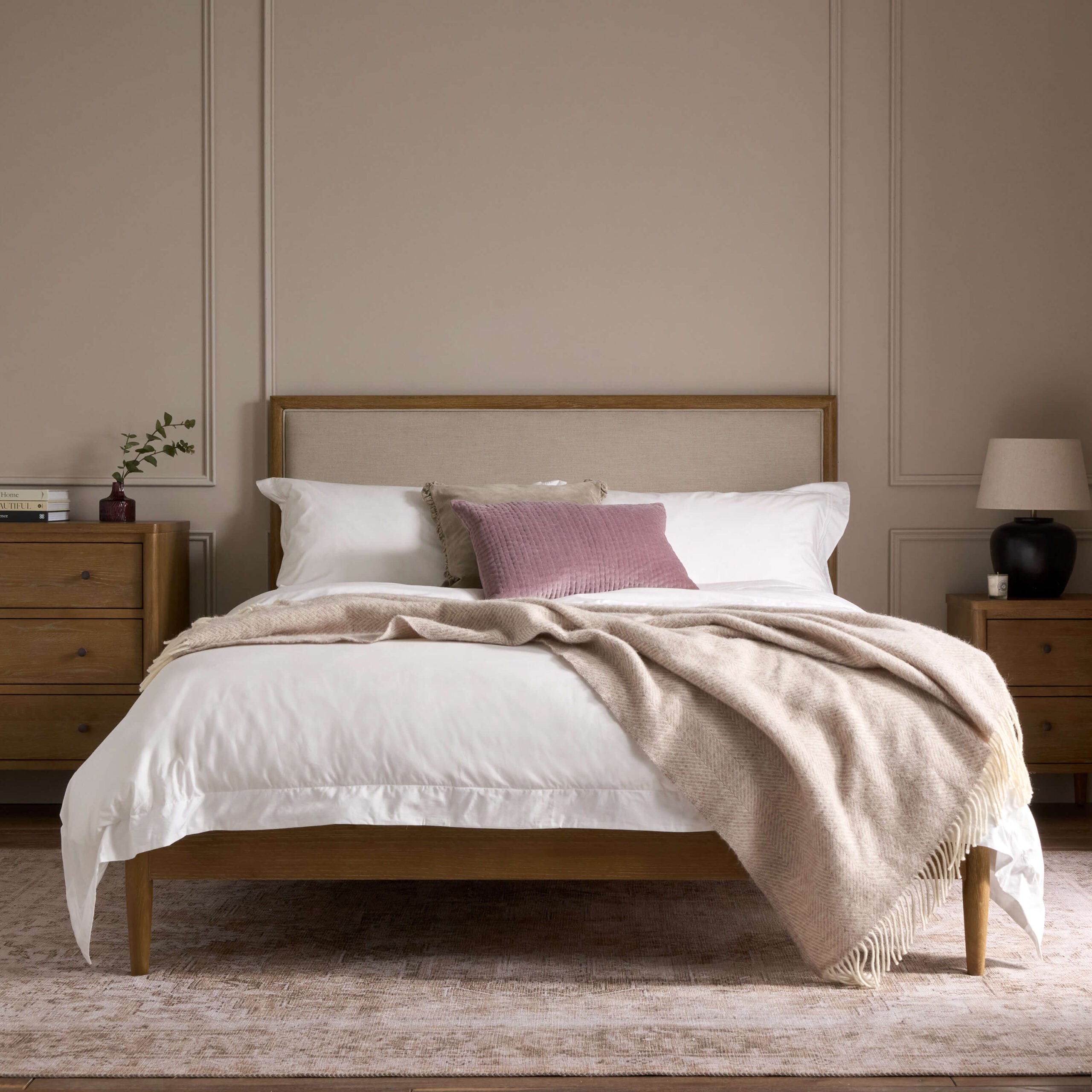 Adina weathered oak bed with upholstered headboard