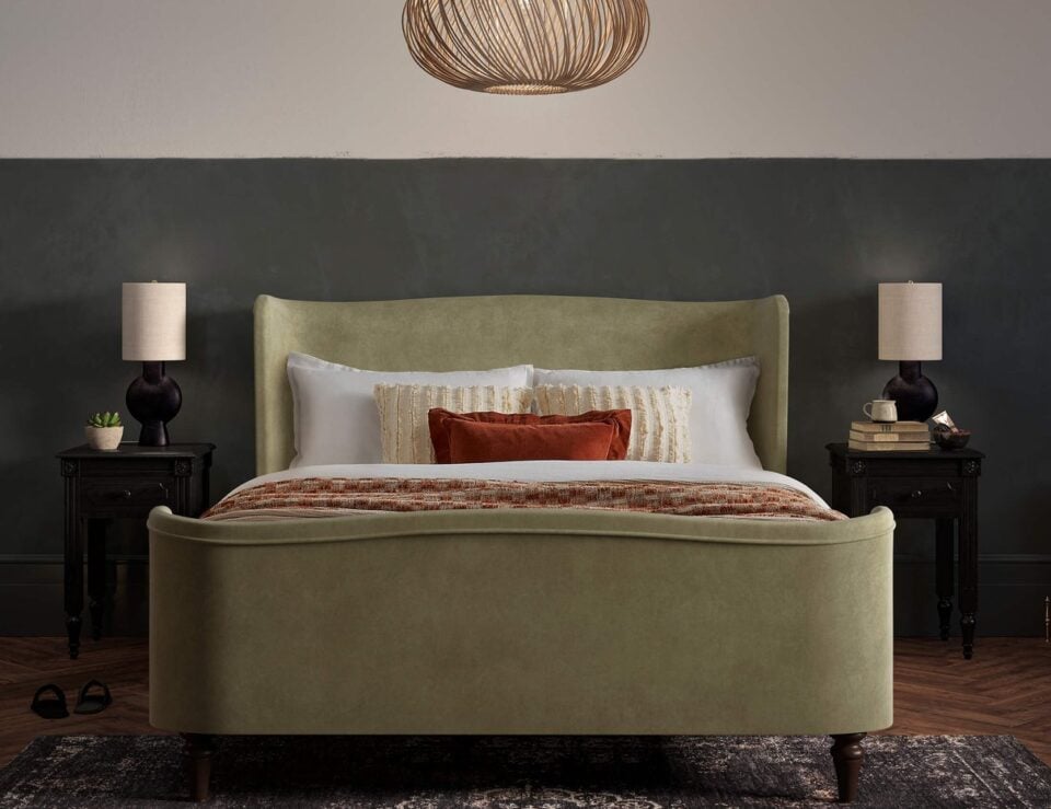 Charlotte upholstered bed styled in a bedroom