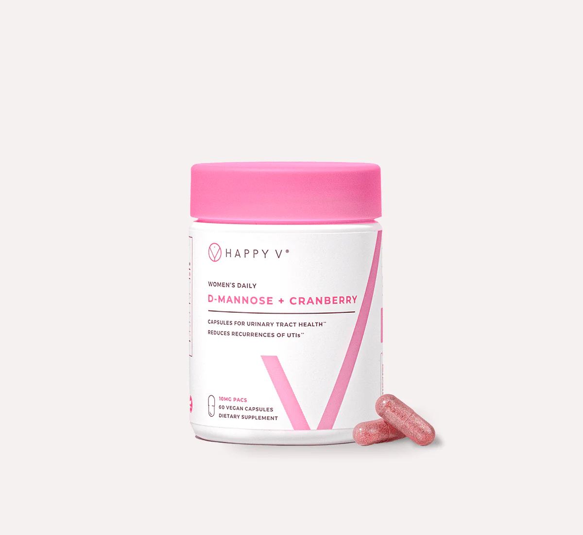 Happy V D-Mannose + Cranberry supplement bottle on a gray background
