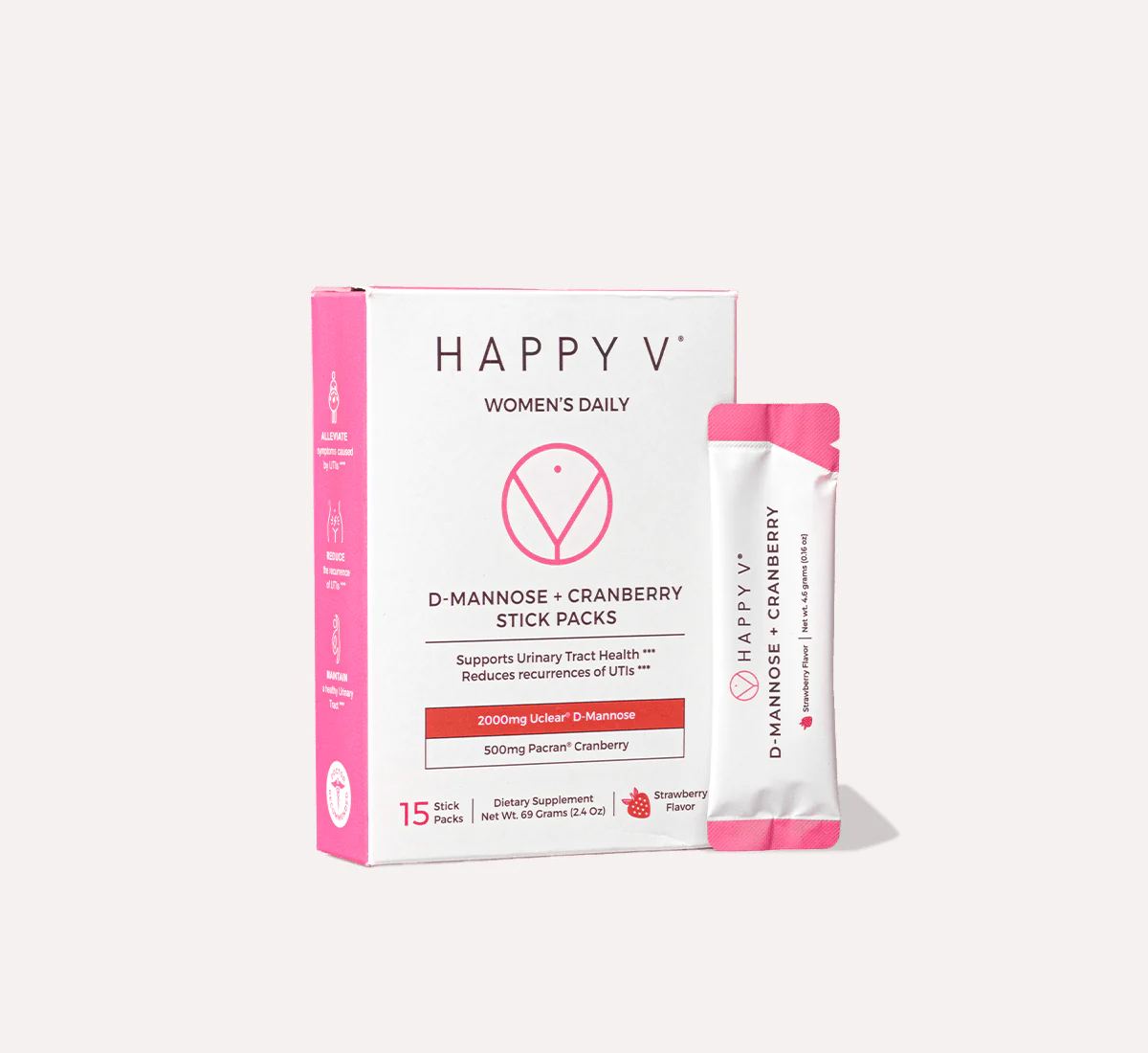 Happy V D-Mannose + Cranberry Stick Packs on a gray background
