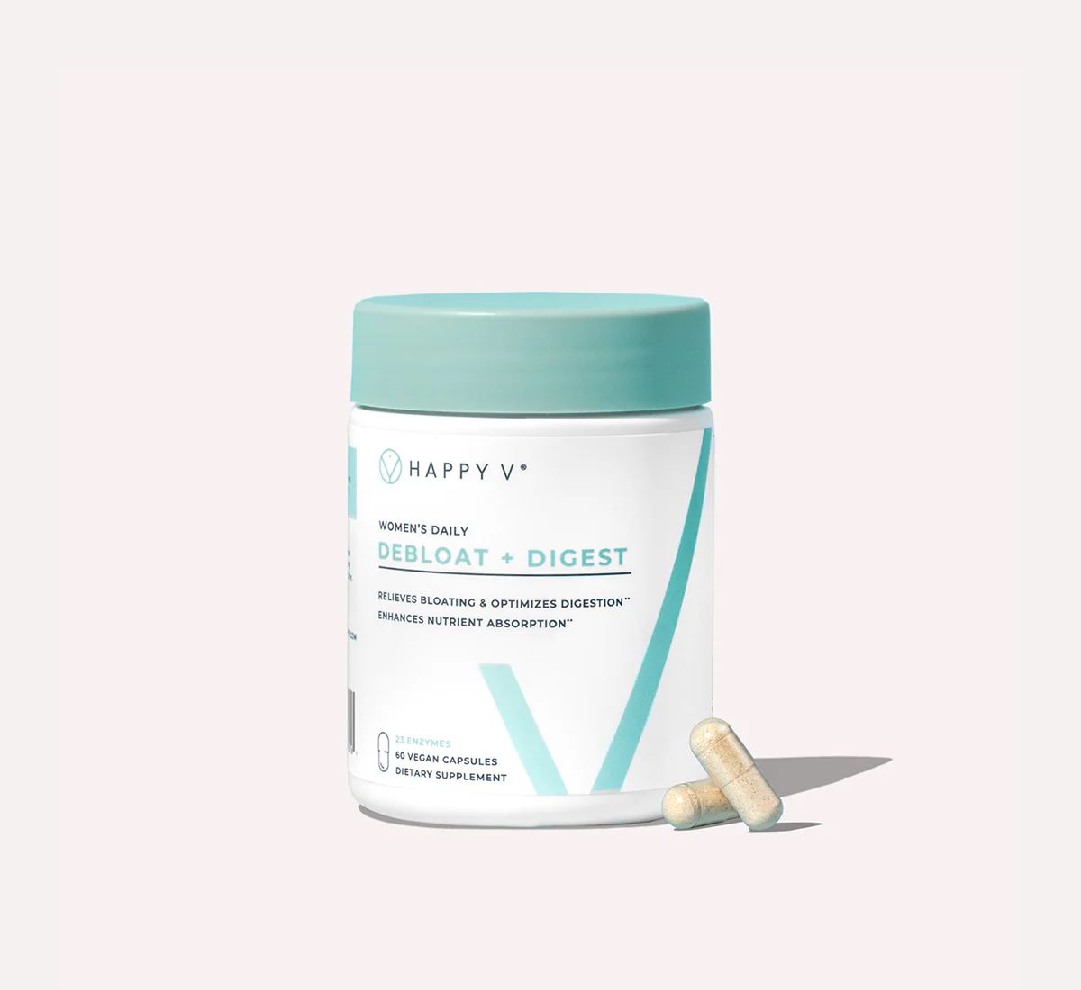 Happy V Debloat + Digest supplement bottle on a gray background