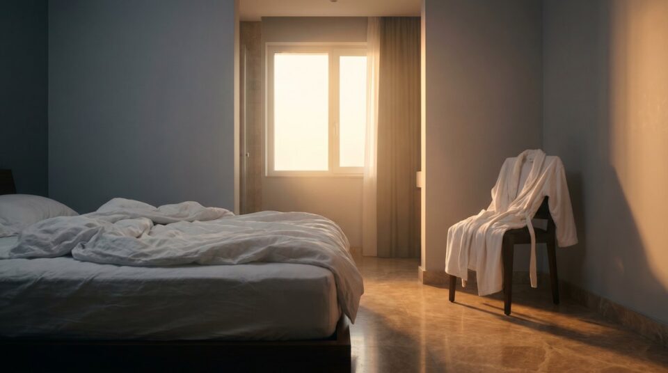 Sonniges Schlafzimmer mit Bademantel als ruhige Alltagsszene