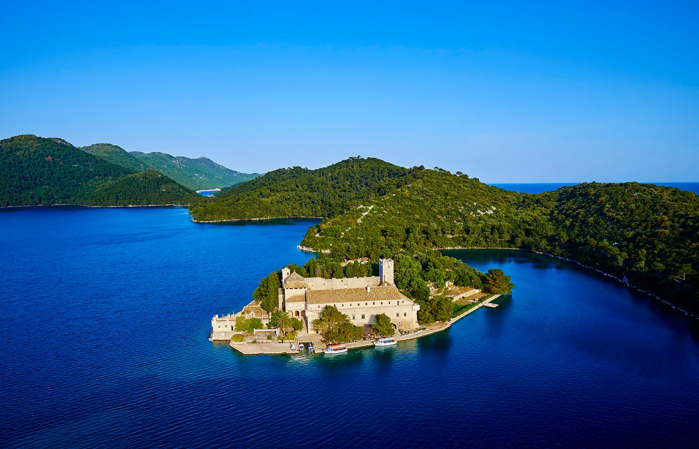 Island monastery viewed from above in the Mediterranean