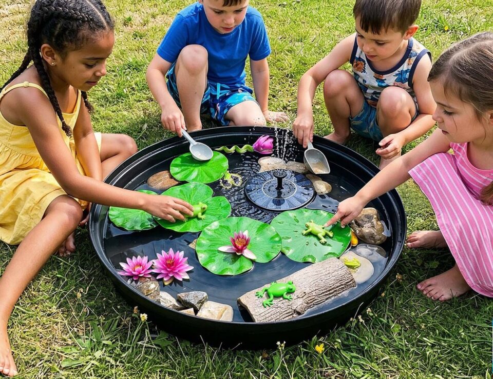 Children playing with the Meka Deep Tuff Tray and Solar Fountain outdoors