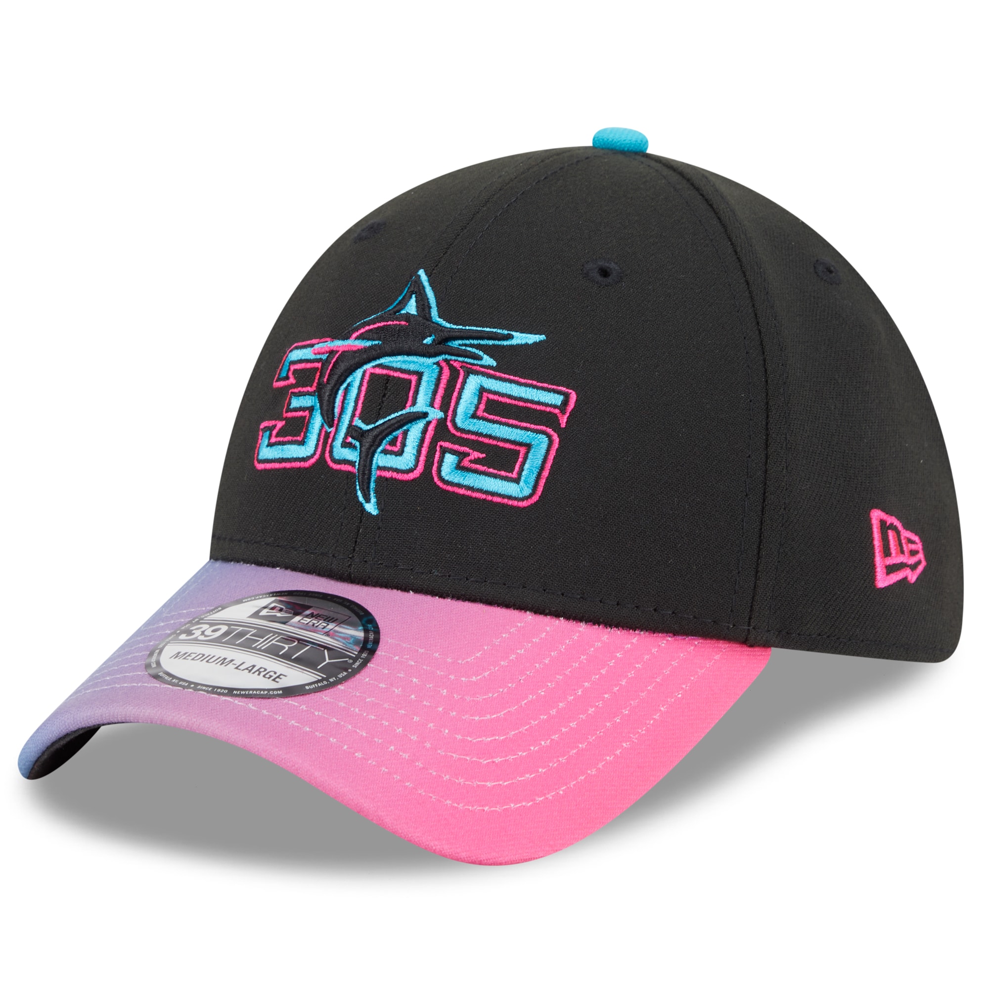 Black and pink Miami Marlins New Era City Connect flex hat
