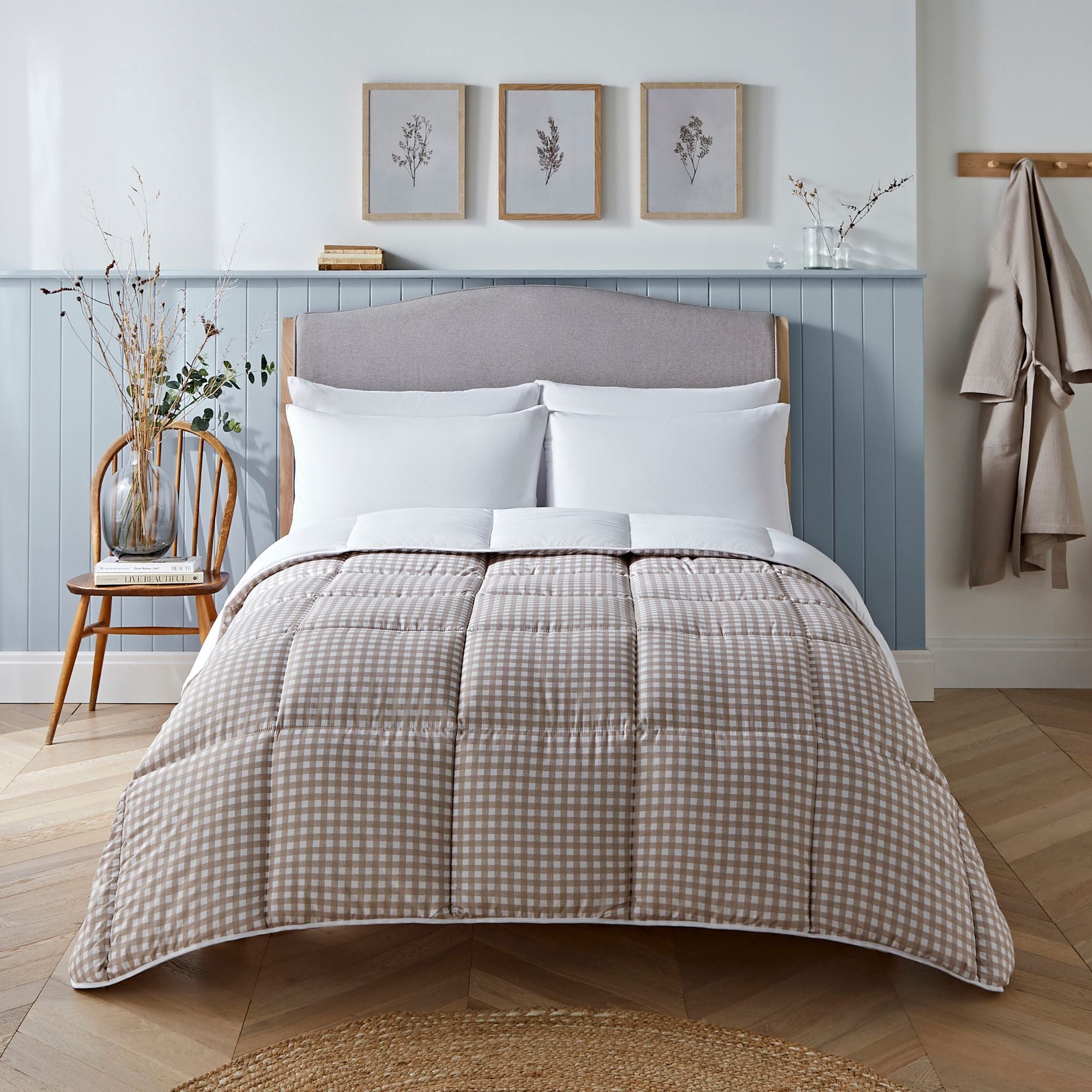 Taupe Gingham coverless duvet styled in a bedroom