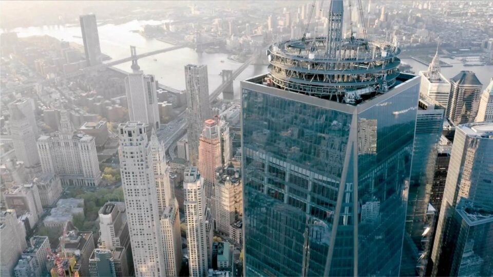 Aerial view of One World Trade Center and Lower Manhattan