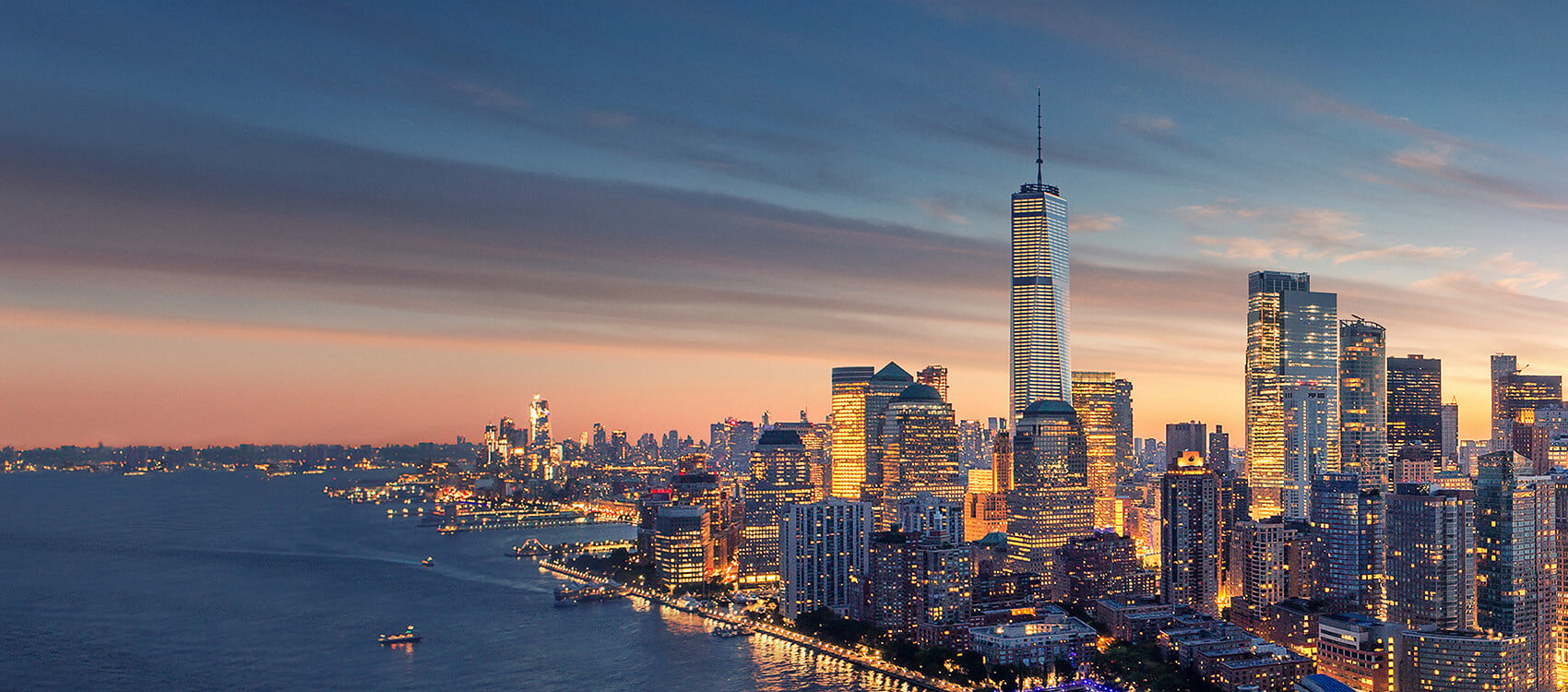 One World Observatory at night with Lower Manhattan lights
