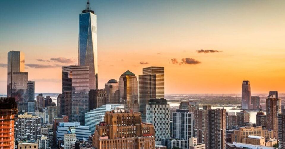 Manhattan skyline at sunset