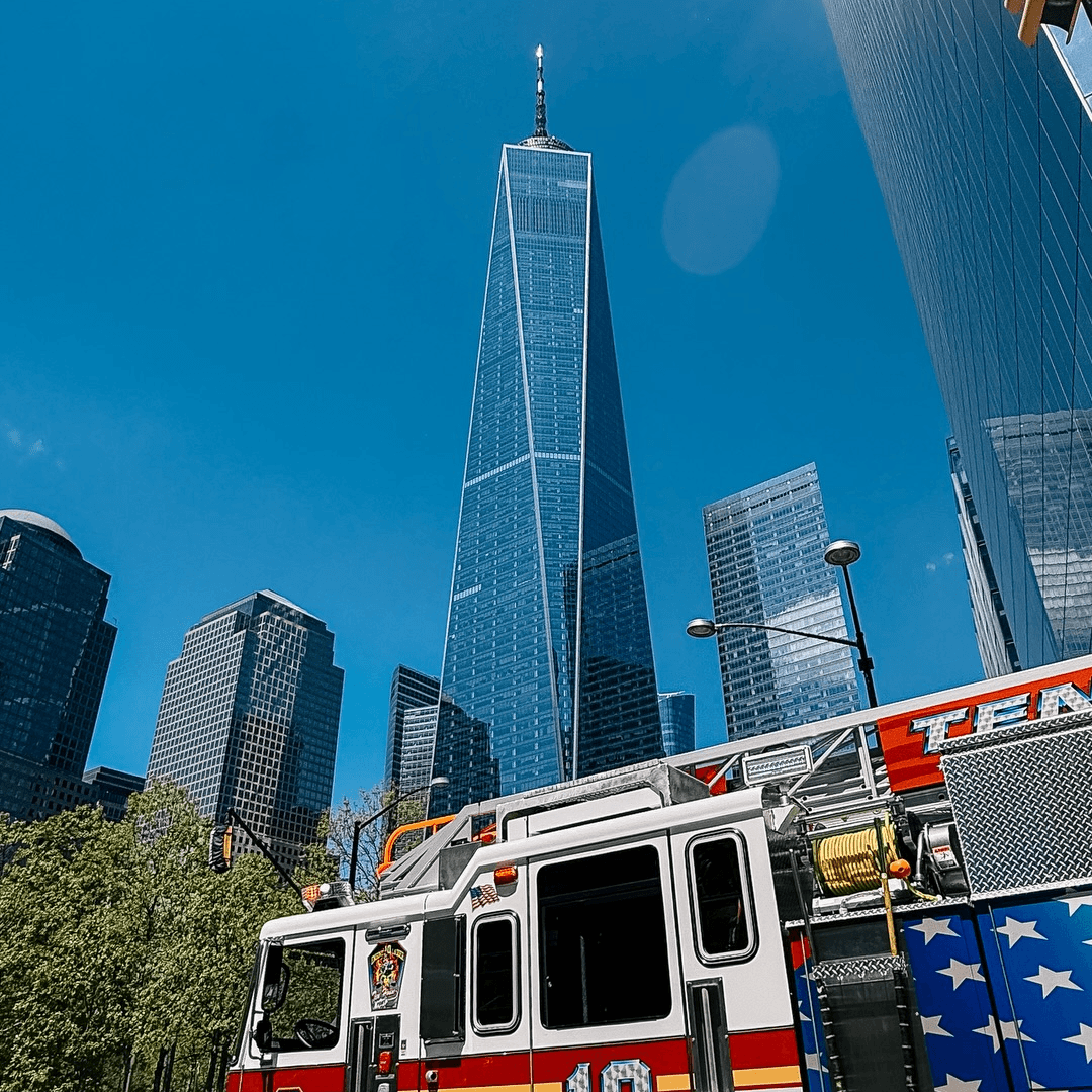 Street scene beside One World Trade Center in Downtown Manhattan