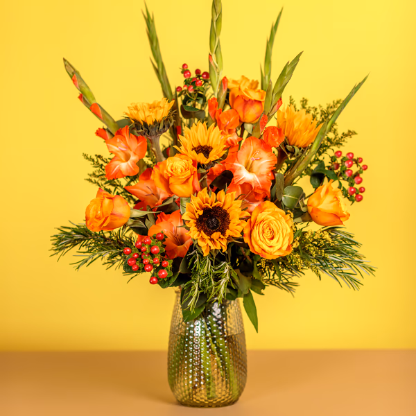 Golden Abundance bouquet with sunflowers, roses and gladioli