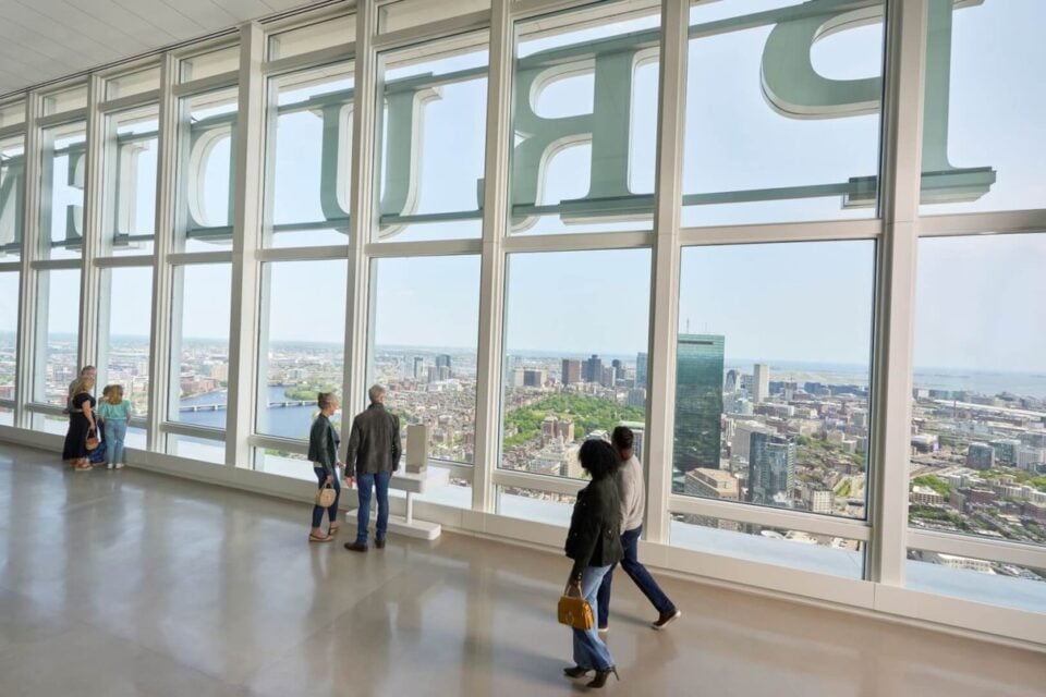 Panoramic indoor skyline view from View Boston's observation deck