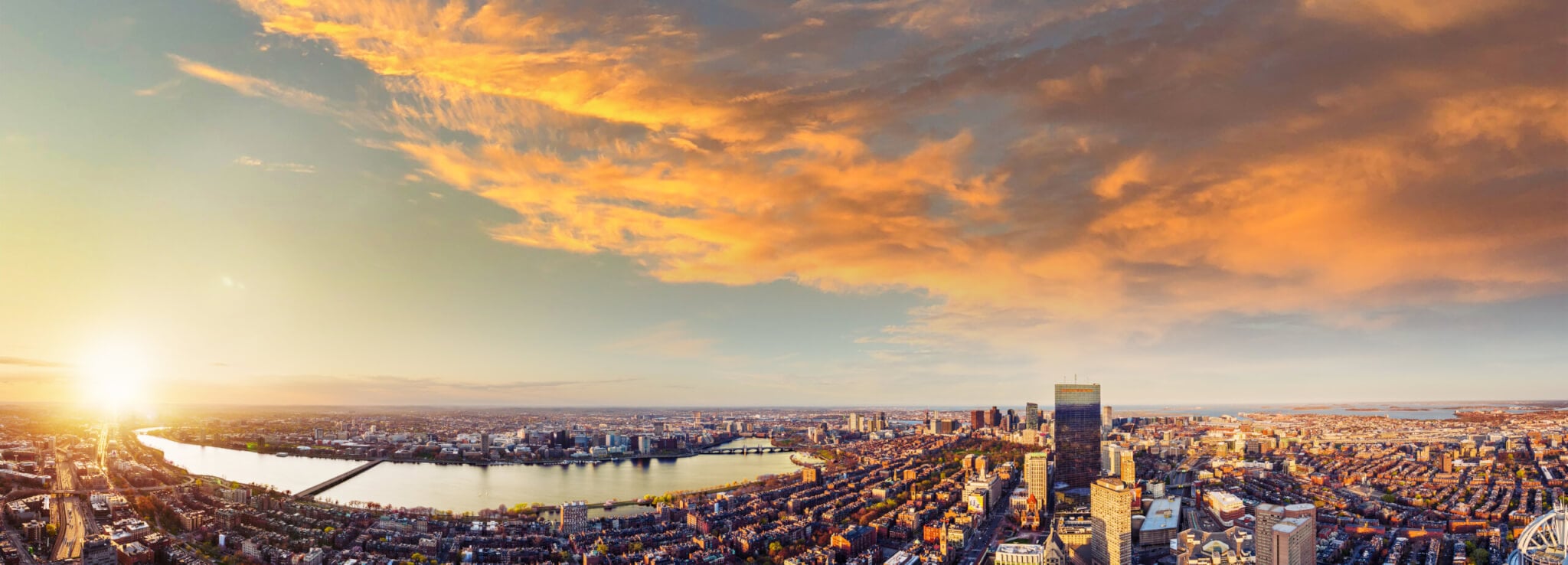 Wide panoramic Boston skyline view from the observation deck