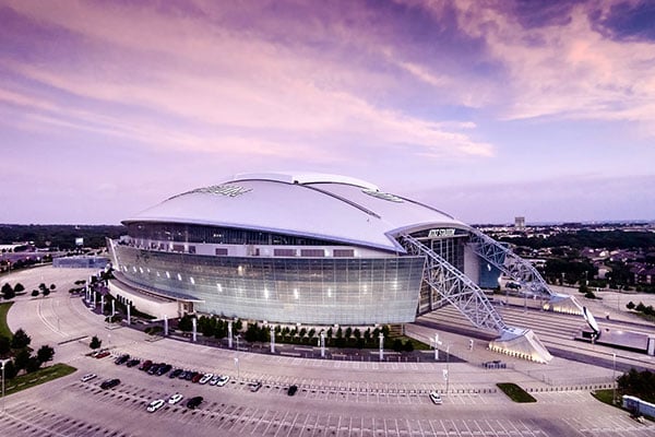 Aerial dusk view of AT&T Stadium