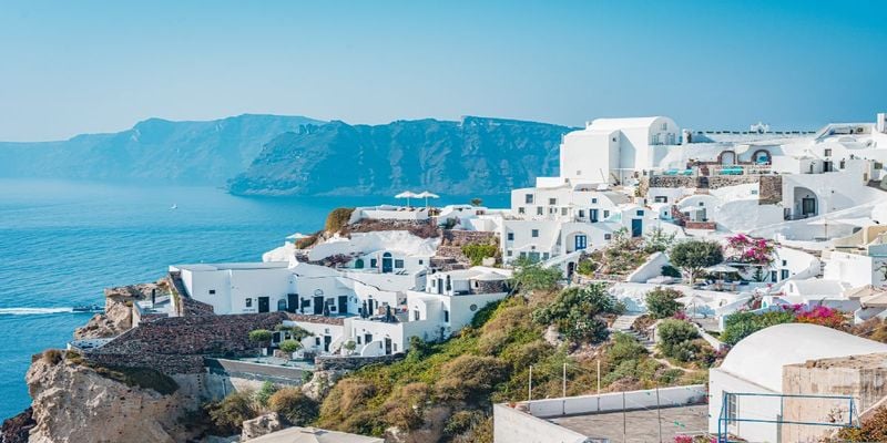 Santorini cliffs and sea viewed from a ferry route