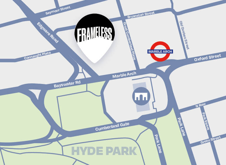Frameless London venue map showing the gallery location