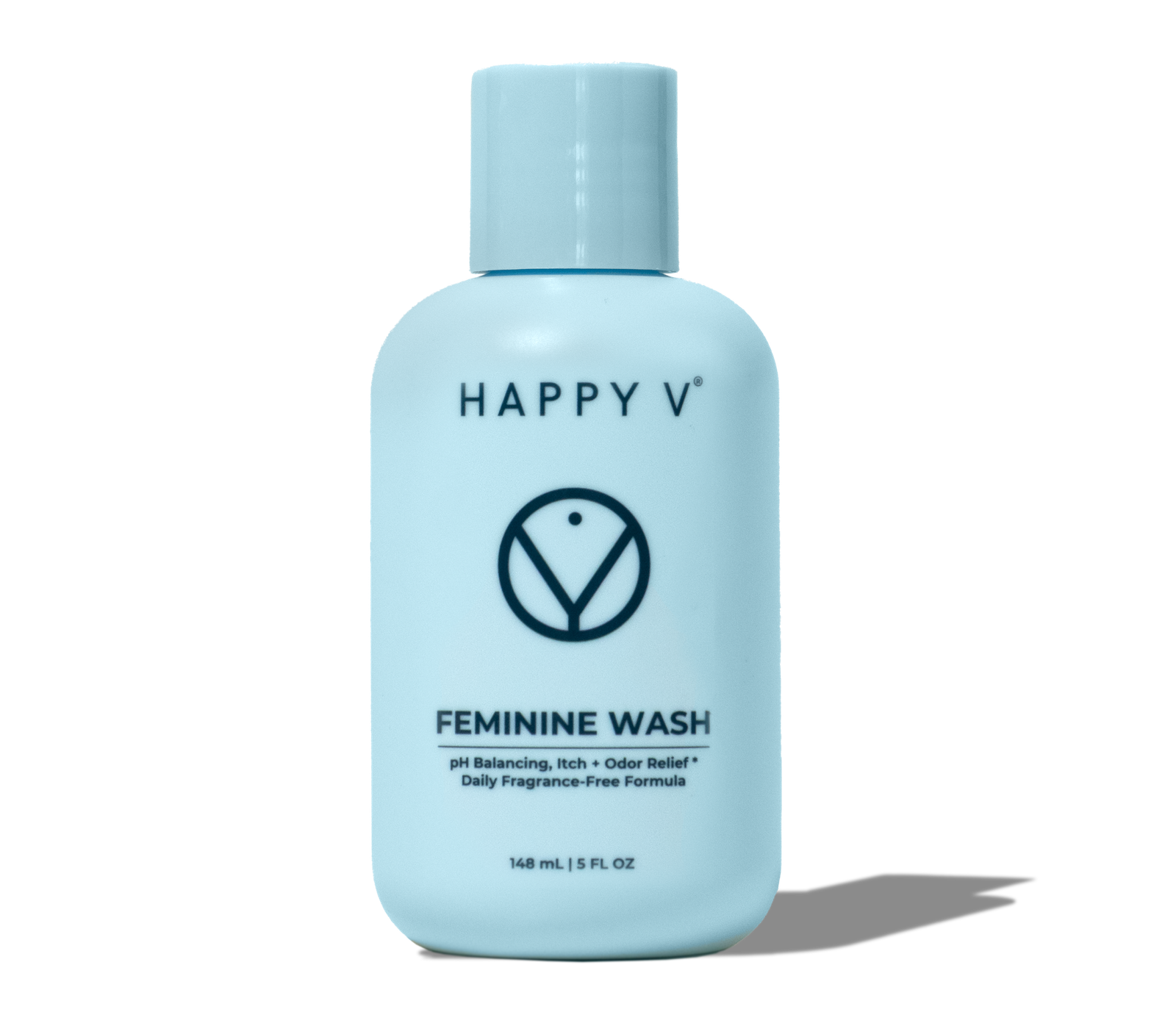 Happy V Feminine Wash bottle in a clean bathroom product scene