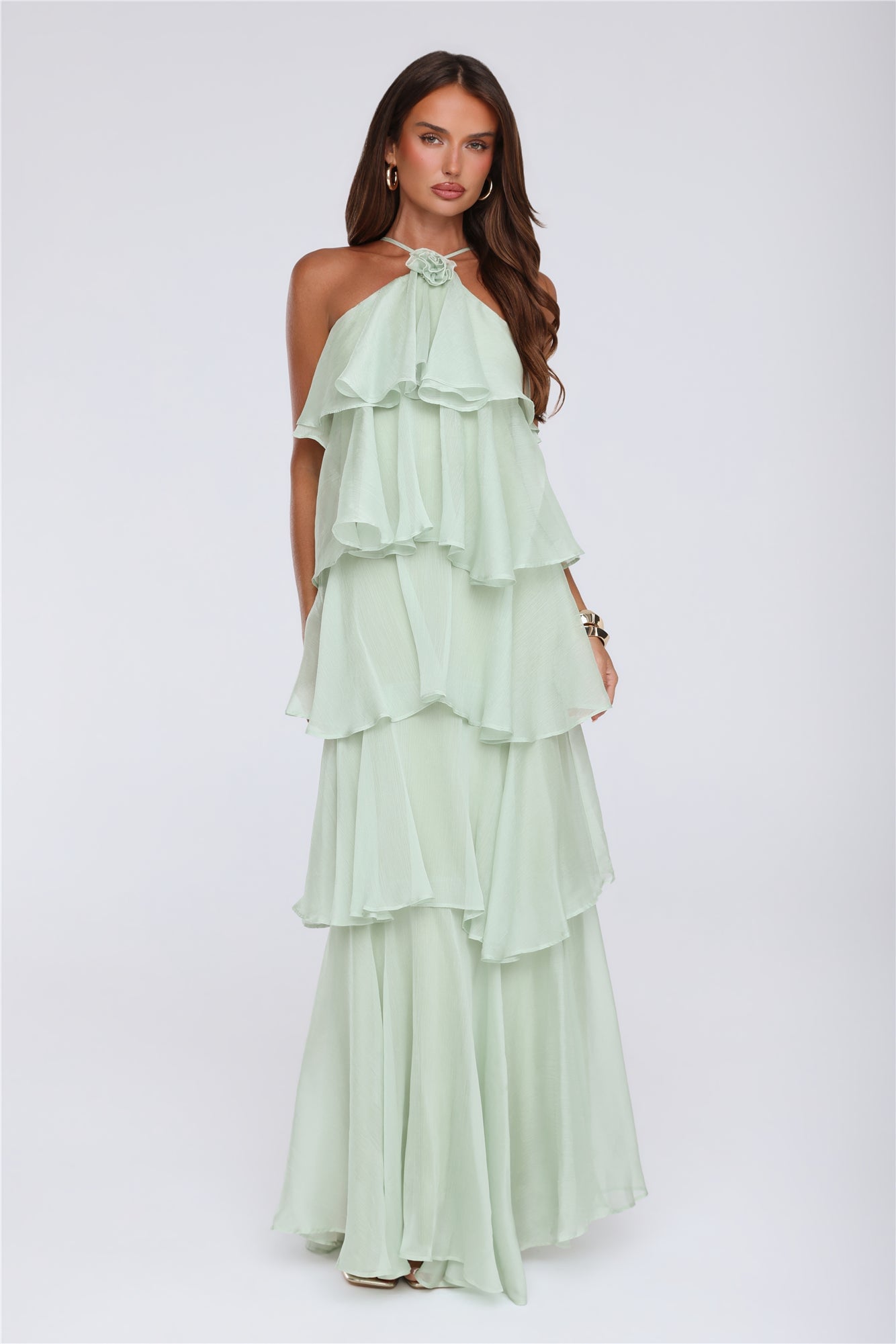 Mint Dreamy Rosette halter maxi dress styled on a model