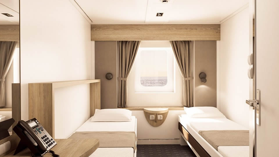 Standard two-berth cabin with window aboard the W.B. Yeats
