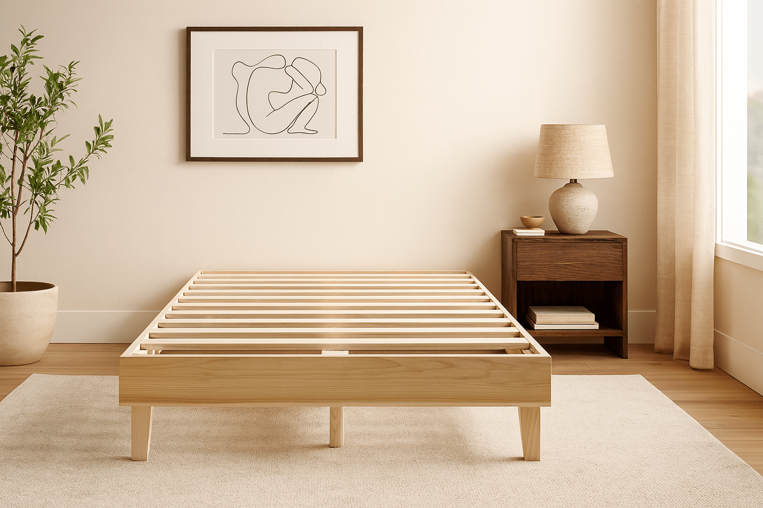 Natural wood platform base for a latex mattress