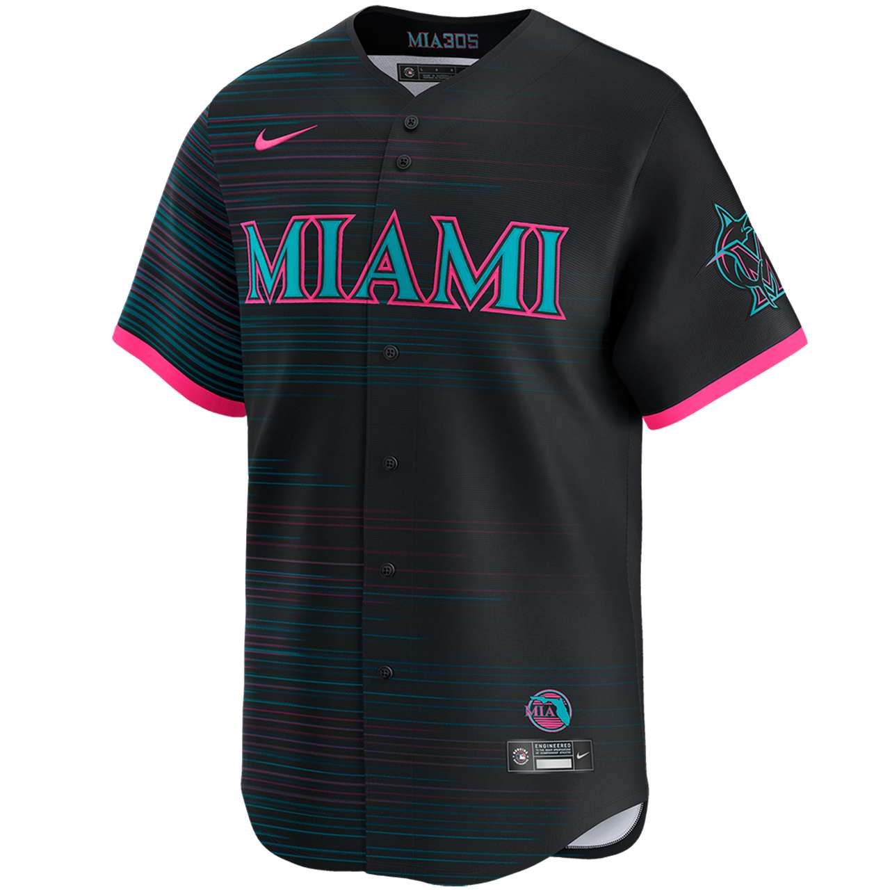 Black Miami Marlins City Connect Nike jersey with Art Deco stripes