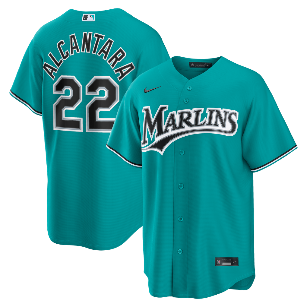 Men's Miami Marlins Sandy Alcantara teal alternate replica jersey
