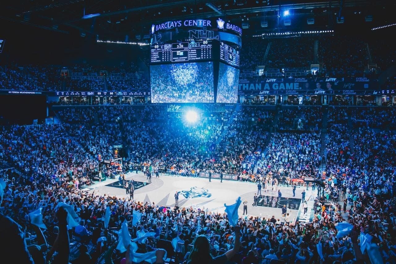 Fans cheering at a New York Liberty game inside Barclays Center