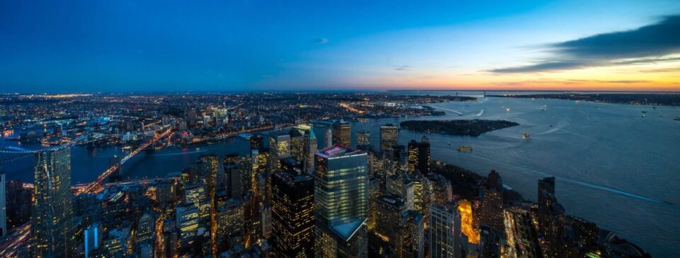 Lower Manhattan aerial skyline with One World Trade Center