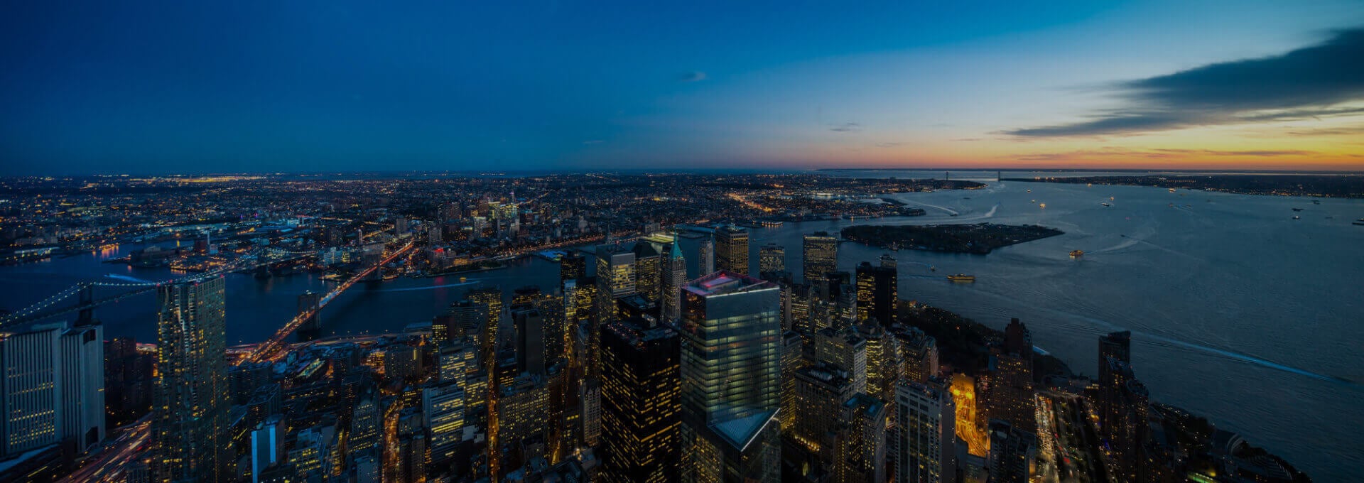 Manhattan skyline at dusk seen from One World Observatory