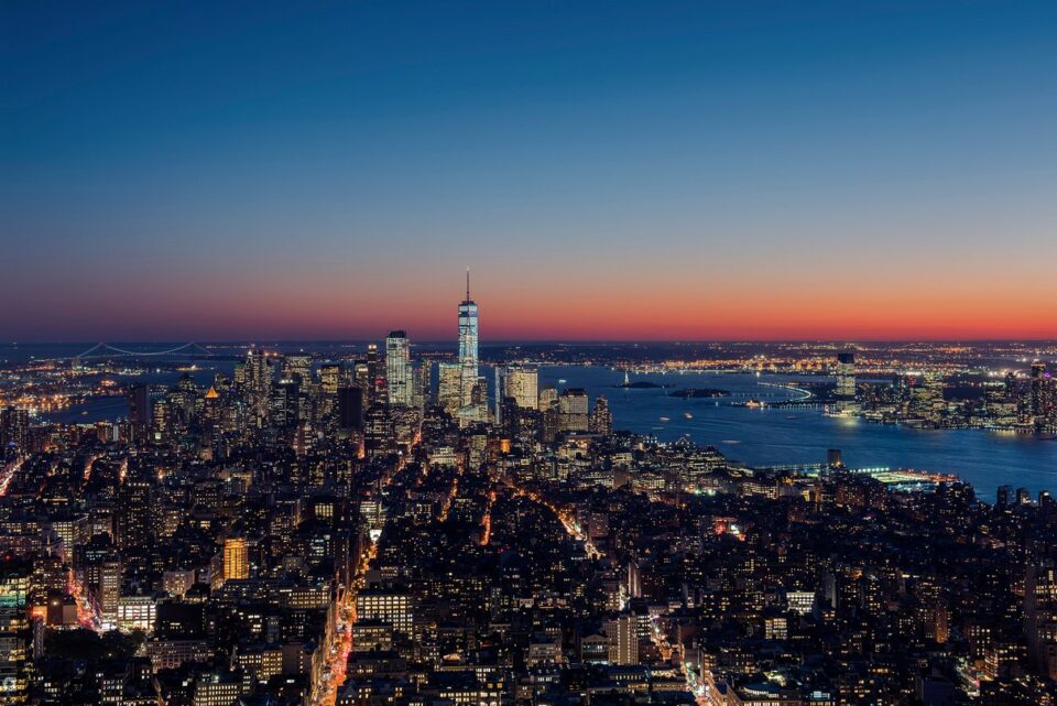 New York skyline at dusk viewed from an observation deck