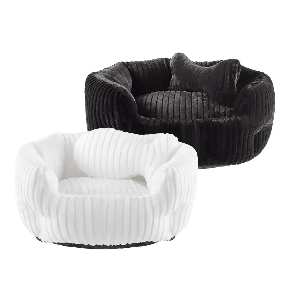 PeachyMink faux fur pet bed photographed in two colors