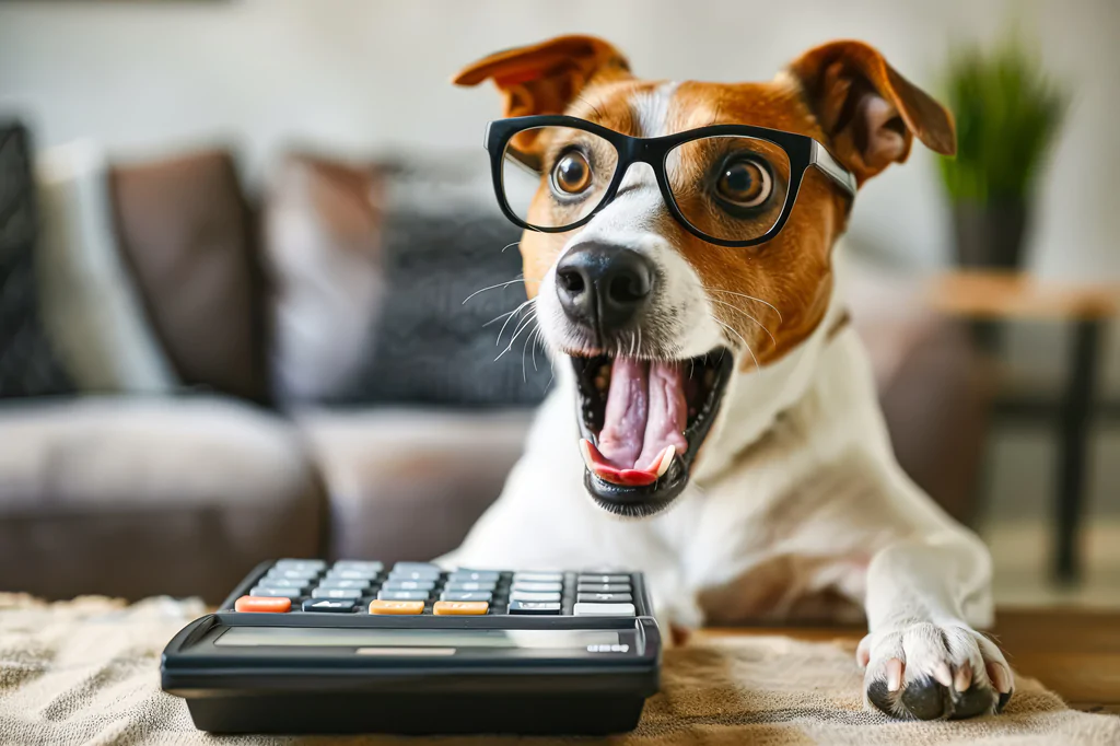 Dog beside a calculator for pet insurance planning