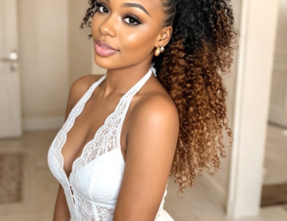 Woman wearing QVR ombre Burmese curly crochet hair in a styled ponytail
