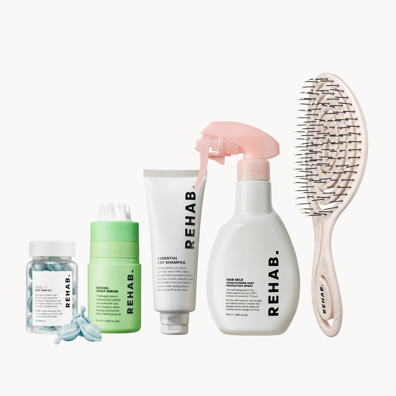 REHAB Your Hair Fine Hair Routine products arranged together