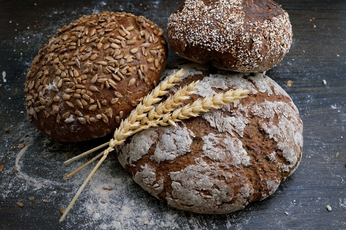 Rustic bread loaves in a bakery