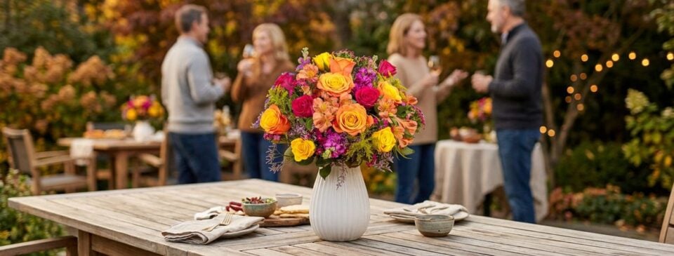 Seasonal flower arrangement from Serenata Flowers in a warm autumn palette