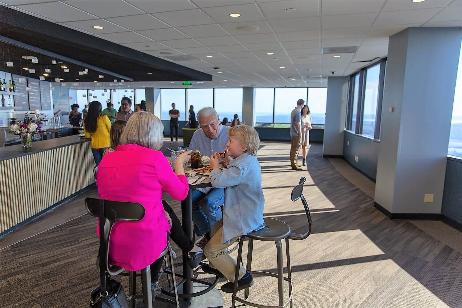 Sky View Cafe interior with seating and city views