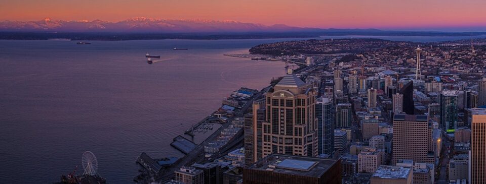 Panoramic sunrise view over Seattle from the observatory