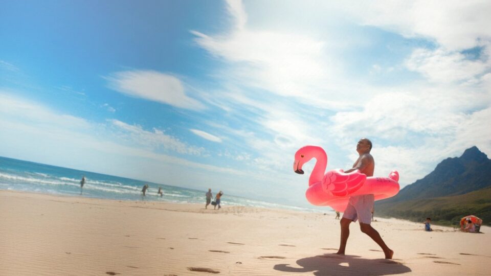 Man carrying an inflatable flamingo on holiday