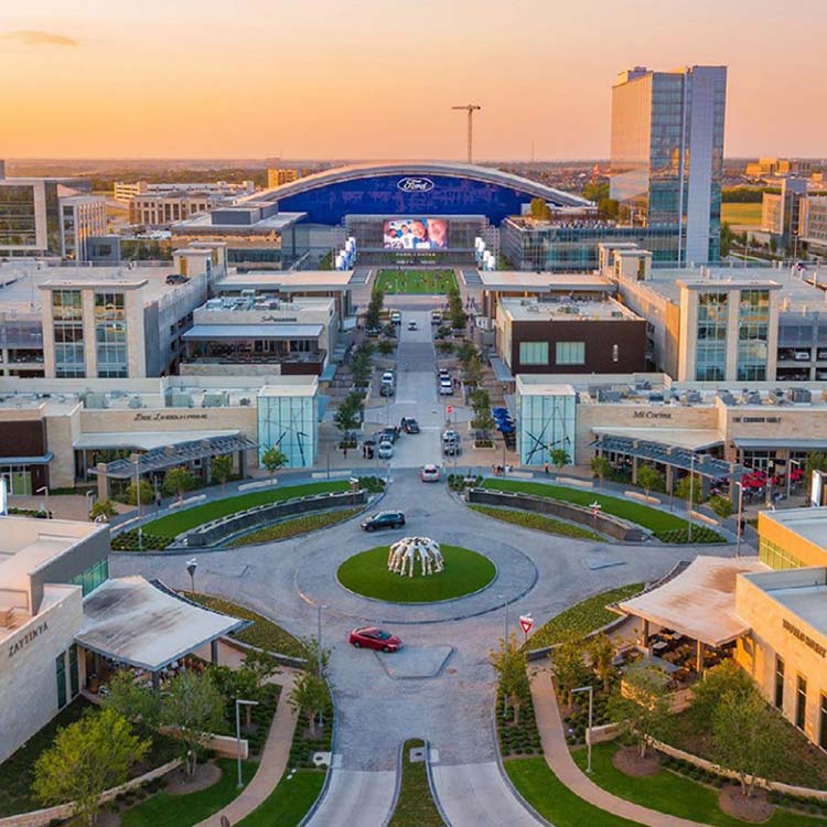 Aerial view of The Star District at sunset in Frisco