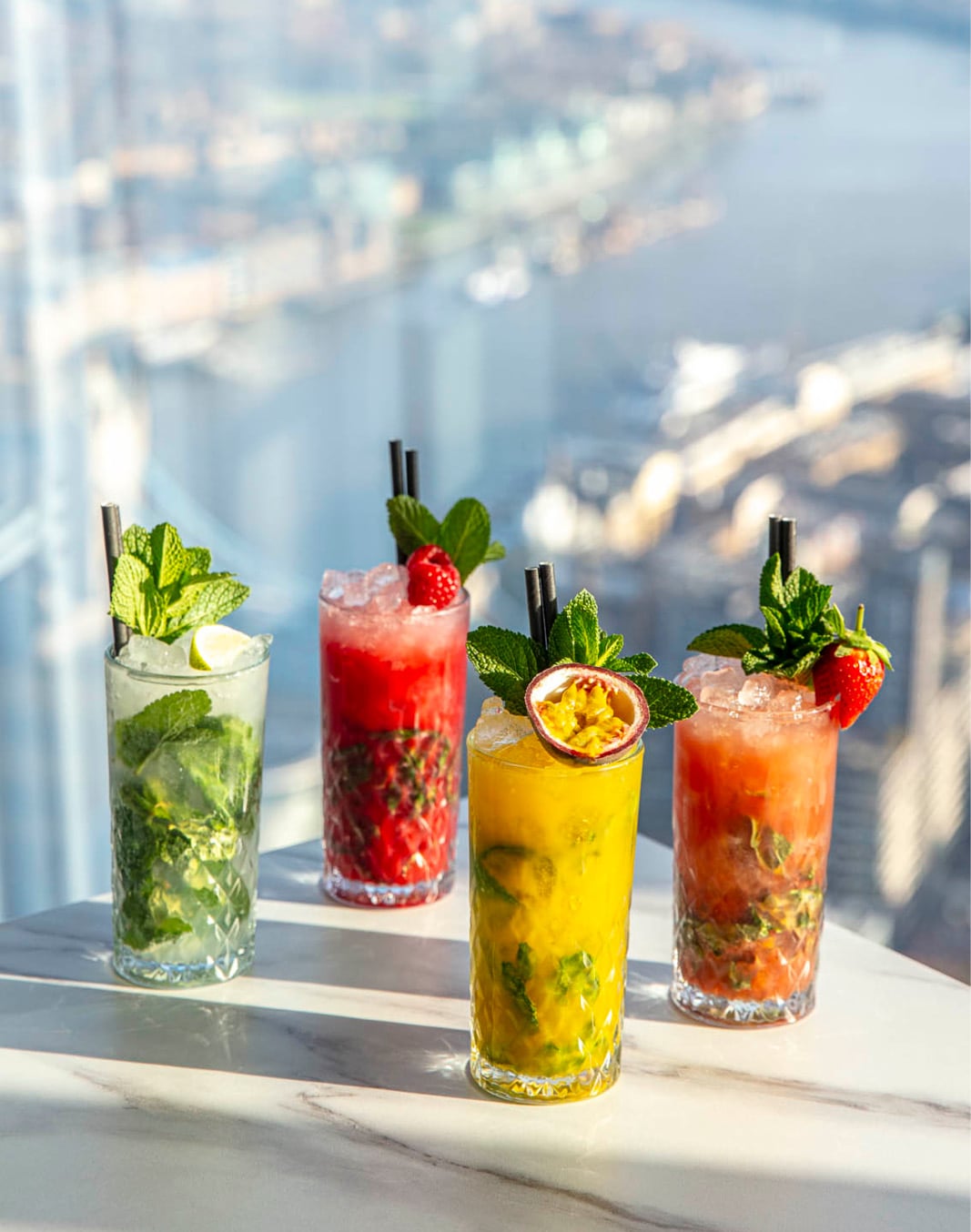 Colourful cocktails served beside the windows at The View from The Shard