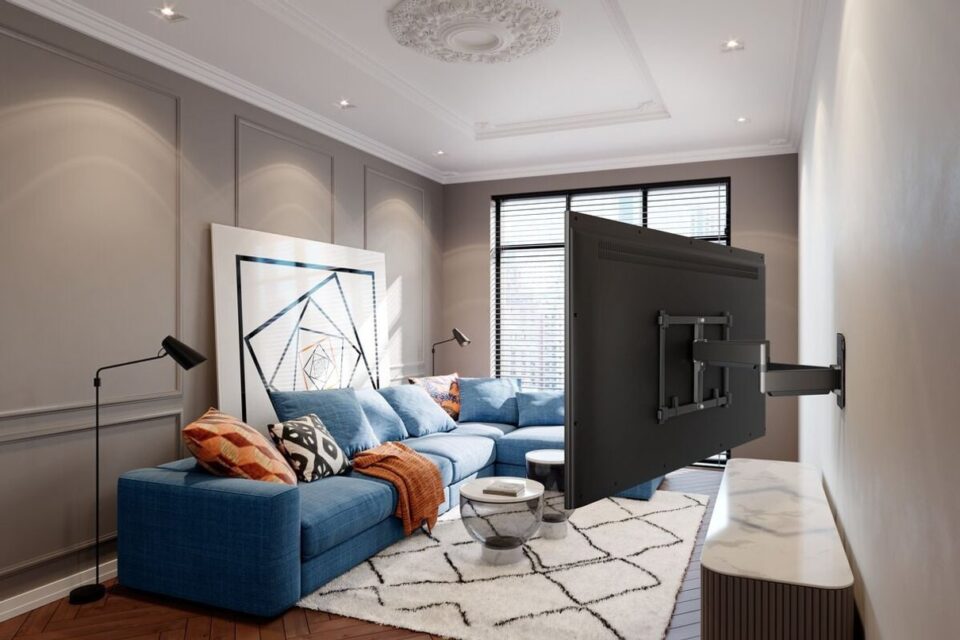 Large television mounted on a wall in a modern living room