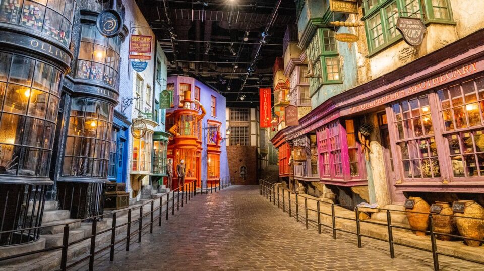 Wide view of the Diagon Alley set at Warner Bros. Studios Japan