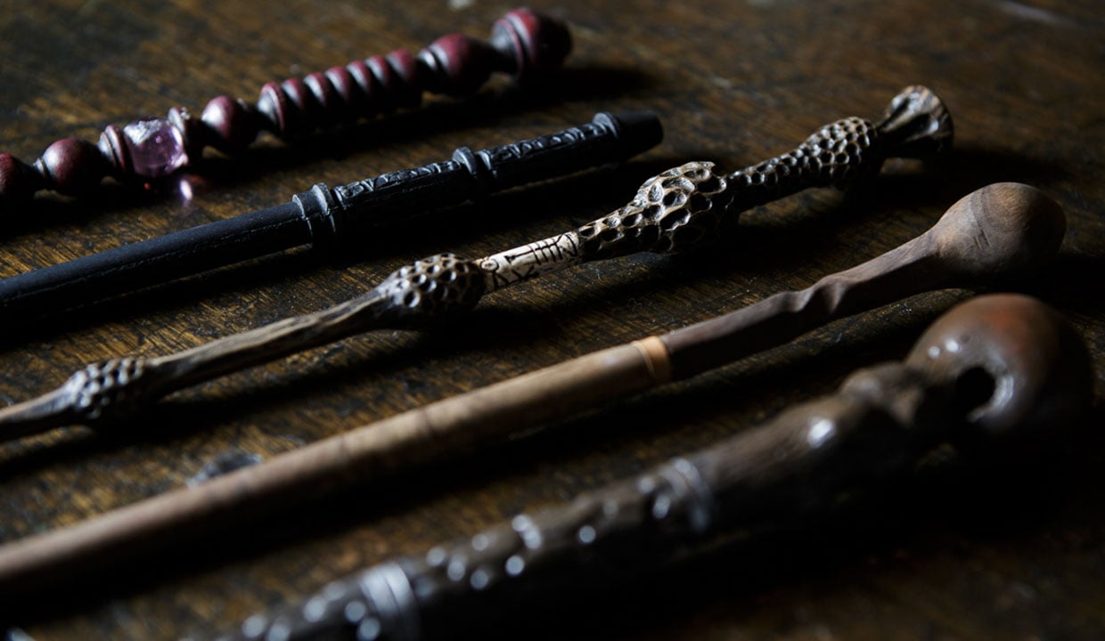 Film props including wands displayed in a case