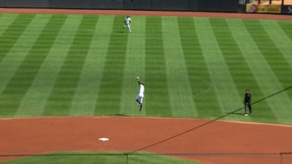 New York Yankees baseball player making a catch