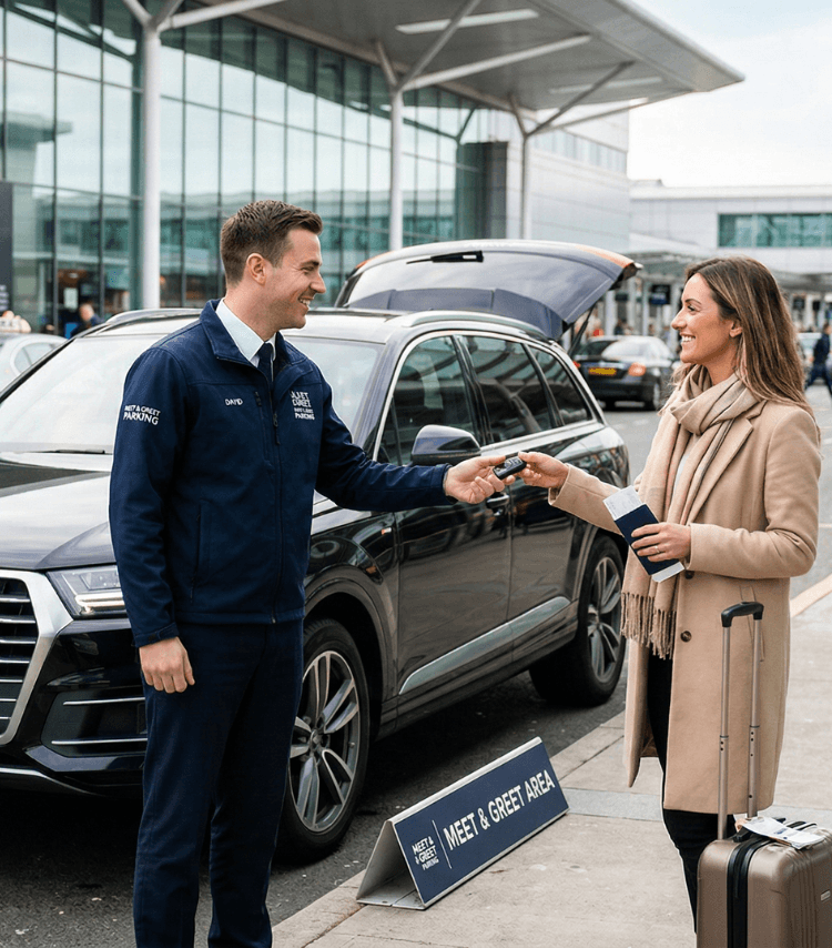 Meet and greet parking attendant speaking with a traveller beside a car