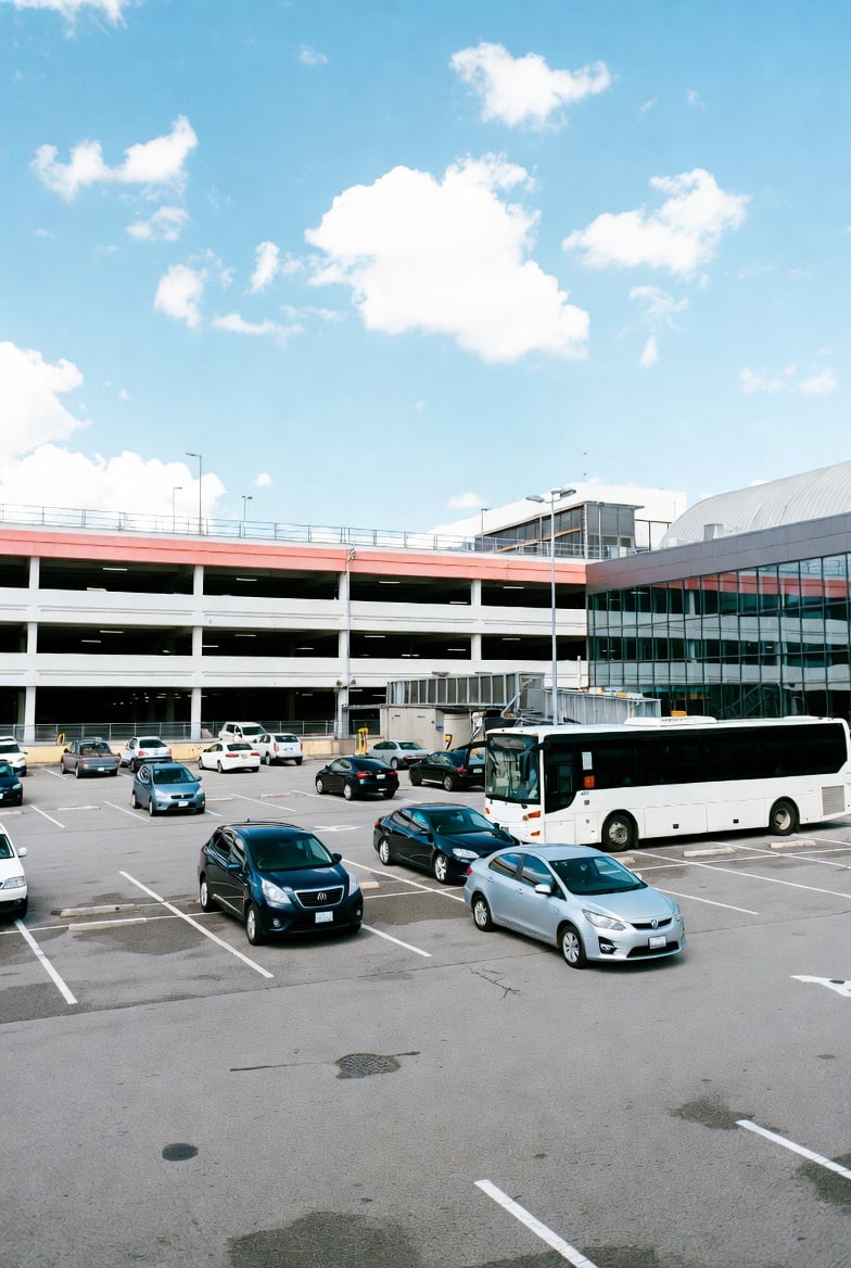 Outdoor airport parking bays beside a shuttle bus and terminal